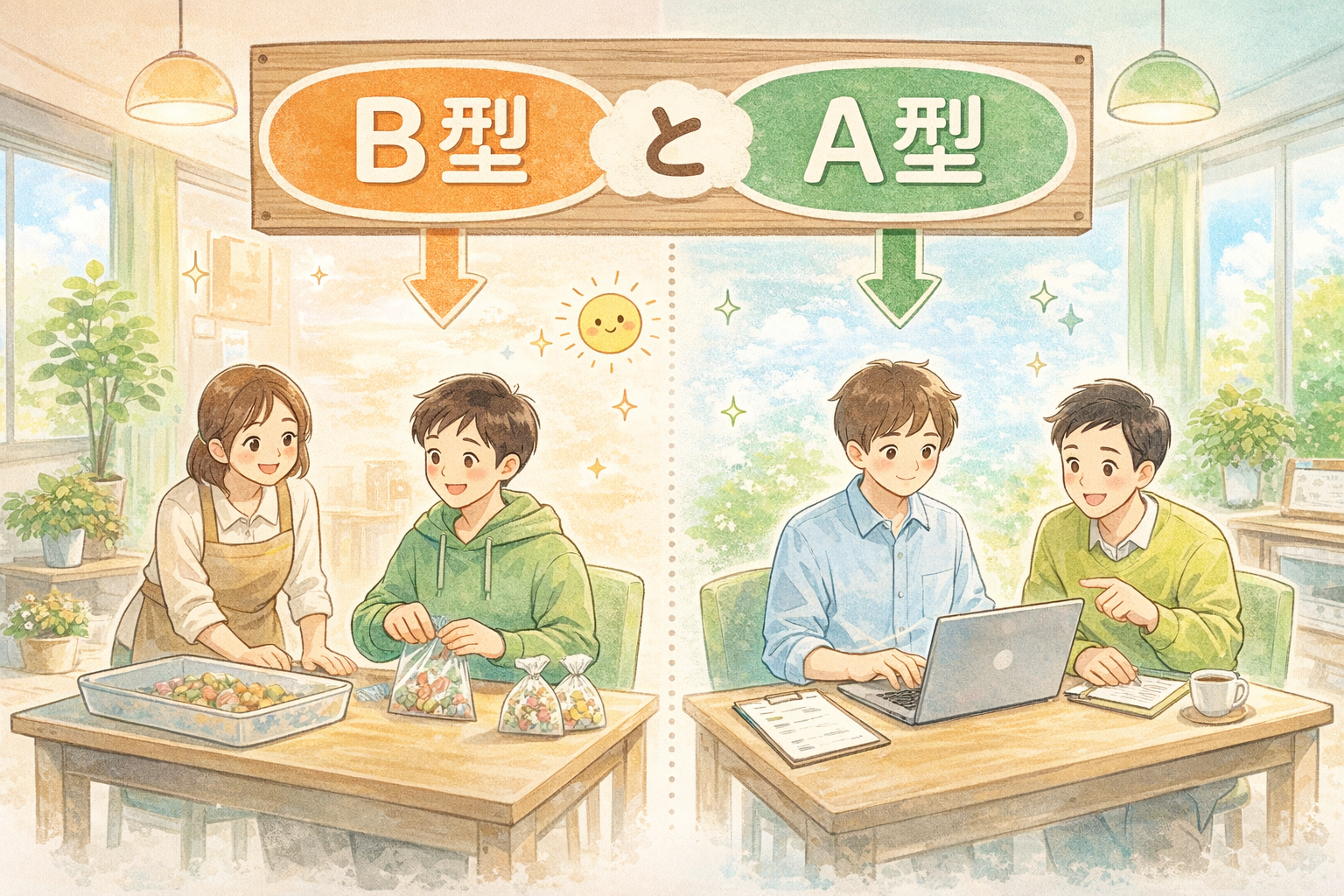 就労継続支援B型とA型の違いを比較するイラスト