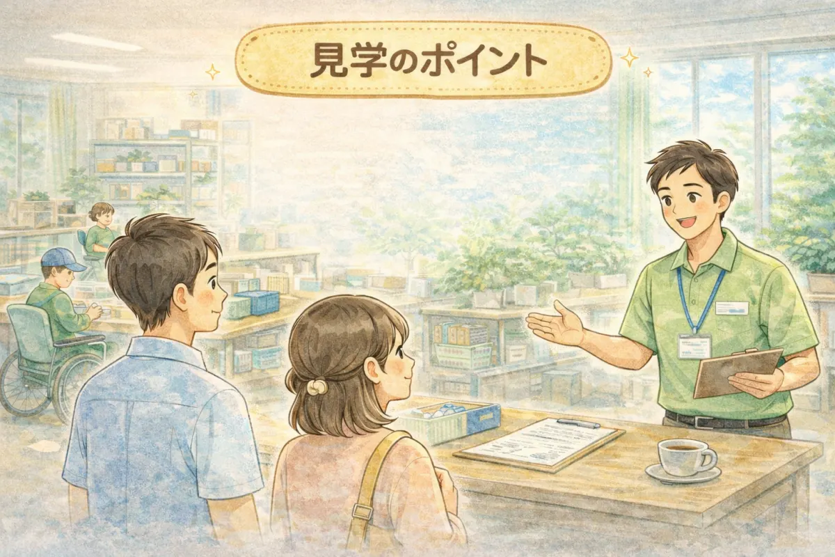 B型事業所を見学するイラスト